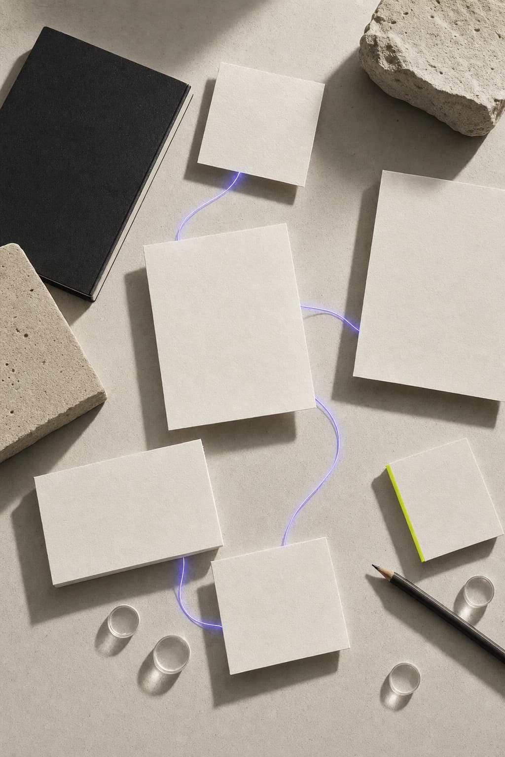 Blank cards and a notebook arranged on a table, ready for shared ideas